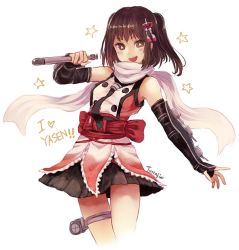 Rule 34 | &gt;:d, 10s, 1girl, :d, artist name, bare shoulders, black neckerchief, black skirt, blush, brown eyes, brown hair, commentary request, english text, fingerless gloves, gloves, hair ornament, holding, kantai collection, neckerchief, night battle idiot, open mouth, pleated skirt, scarf, sendai (kancolle), sendai kai ni (kancolle), skirt, smile, solo, star-shaped pupils, star (symbol), symbol-shaped pupils, terrajin, thigh strap, torpedo, two side up, v-shaped eyebrows, white background, white scarf
