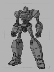 Rule 34 | absurdres, apoloniodraws, artist name, clenched hands, full body, grey background, greyscale, highres, iron giant (mecha), looking down, mecha, monochrome, no humans, redesign, robot, science fiction, solo, standing, the iron giant