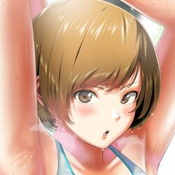 Rule 34 | 1girl, armpits, arms up, blue sports bra, blurry, blurry background, blush, breath, brown eyes, brown hair, close-up, collarbone, commentary, english commentary, eyelashes, highres, looking at viewer, master sick art, medium hair, open mouth, parted bangs, persona, persona 4, portrait, saliva, satonaka chie, shiny skin, sleeveless, solo, sports bra, sweat, sweatdrop, swept bangs