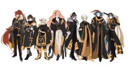 Rule 34 | 6+boys, :d, :|, ahoge, alternate costume, animal, animal ears, animal on shoulder, bandages, belt, belt pouch, black belt, black capelet, black coat, black footwear, black gloves, black hair, black headwear, black jacket, black pants, black robe, black sclera, black shirt, blue hair, boots, braid, brown hair, cabbage blossom (the tale of food), capelet, chili oil chicken (the tale of food), closed mouth, clothed animal, coat, coat on shoulders, colored sclera, cow ears, cow horns, cowlick, curtained hair, detached sleeves, expressionless, eyes visible through hair, fedora, flipped hair, full body, fur-trimmed coat, fur trim, glasses, gloves, gradient clothes, green eyes, green hair, h haluhalu415, hair between eyes, hair over one eye, hair slicked back, hand up, hands in pockets, hat, high heel boots, high heels, holding, holding sword, holding weapon, horns, jacket, jacket on shoulders, kung pao chicken (the tale of food), lineup, long hair, long sleeves, looking at viewer, low ponytail, male focus, mapo tofu (the tale of food), monocle, multicolored hair, multiple boys, off shoulder, open clothes, open coat, open mouth, orange hair, over shoulder, own hands together, panda, pants, parted bangs, parted lips, partially unbuttoned, pectoral cleavage, pectorals, pink eyes, pink hair, pouch, puffy pants, purple eyes, purple hair, red hair, robe, round eyewear, sheath, sheathed, shirt, shoes, short hair, shredded jerky (the tale of food), sichuan hotpot (the tale of food), simple background, single braid, single sleeve, sketch, sleeve cuffs, sleeveless, sleeveless jacket, sleeveless shirt, smile, standing, streaked hair, sword, the tale of food, thigh strap, turtleneck, two-sided coat, two-sided fabric, two-tone hair, uniform, very long hair, weapon, weapon over shoulder, white background, white hair, white pants, white shirt, wide ponytail, yellow coat, yellow eyes, yellow footwear, yuxiang pork (the tale of food)