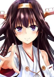 Rule 34 | 10s, 1girl, bare shoulders, blush, brown hair, detached sleeves, double bun, hairband, headgear, japanese clothes, kantai collection, kongou (kancolle), long hair, nontraditional miko, outstretched arm, purple eyes, ribbon-trimmed sleeves, ribbon trim, smile, solo, tatsuno, tatsuno (saya-tatsuno), upper body, white background