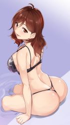 Rule 34 | 1girl, arched back, arm support, ass, ass cutout, back, black bra, blush, bra, breasts, brown eyes, brown hair, butt crack, clothing cutout, eyebrows, female focus, from behind, futagawa mimi, gradient background, heart, heart cutout, huge ass, large breasts, long hair, looking at viewer, looking back, poolside, sideboob, sitting, smile, soaking feet, solo, thong, tokyo 7th sisters, tomohiro kai, underwear