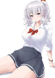 Rule 34 | 1girl, alternate costume, black skirt, blush, breasts, button gap, cleavage, highres, kantai collection, kashima (kancolle), large breasts, long hair, looking at viewer, pleated skirt, purple eyes, red neckwear, shirt, silver hair, simple background, sitting, skirt, smile, solo, takomeshi, twintails, wavy hair, white background, white shirt