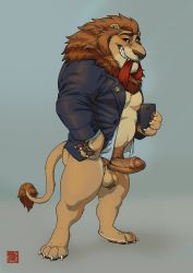 Rule 34 | 1boy, camera, erection, foreskin, formal, furry, furry male, highres, lion, male focus, naughty face, necktie, penis, phone, rosu (pixiv), selfie, solo, suit, zootopia