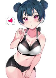 Rule 34 | 10s, 1girl, bare arms, bare shoulders, black ribbon, black shorts, blue hair, blush, braid, braided bun, breasts, cleavage, collarbone, cowboy shot, crop top, double bun, hair bun, halterneck, halterneck, hand on own thigh, hand up, head tilt, heart, highres, leaning forward, looking at viewer, love live!, love live! sunshine!!, medium breasts, micro shorts, midriff, navel, parted lips, pink eyes, ribbon, shorts, sidelocks, simple background, sleeveless, solo, spoken heart, standing, stomach, tem10, thigh gap, tsushima yoshiko, white background