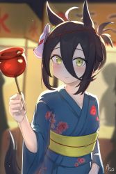 Rule 34 | 1girl, absurdres, ahoge, alternate costume, alternate hairstyle, animal ears, black hair, blush, candy apple, closed mouth, commentary request, floral print, folded ponytail, food, fox mask, hair between eyes, hair up, highres, horse ears, horse girl, japanese clothes, kimono, looking at viewer, manhattan cafe (umamusume), mask, mask on head, multicolored hair, obi, ponytail, rottenpizza, sash, signature, silhouette, solo, umamusume, upper body, white hair, wide sleeves, yellow eyes, yukata