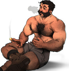 Rule 34 | 1boy, arm hair, artist name, bara, beard, black shorts, boots, chest hair, chris sdd, cigar, crossed legs, facial hair, graves (league of legends), hairy, highres, holding, holding cigar, large pectorals, league of legends, male focus, mature male, muscular, muscular male, nipples, pectorals, shorts, simple background, sitting, smoking, solo, thick thighs, thighs, topless male, white background