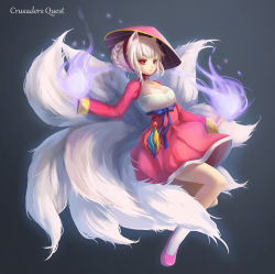 Rule 34 | 1girl, albino, animal ears, breasts, catbagel, cleavage, closed mouth, collarbone, crusaders quest, dress, female focus, fox ears, fox tail, gradient background, highres, long sleeves, looking at viewer, magic, pink dress, red eyes, slime, socks, solo, tail, white hair, white socks, yeowoodong (crusaders quest)
