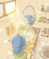 Rule 34 | bubble, character print, commentary request, creatures (company), day, faucet, game freak, gen 4 pokemon, highres, light rays, mian (user kwcj2833), mirror, nintendo, no humans, piplup, plant, pokemon, pokemon (creature), potted plant, reflection, shelf, sink, solo, standing, stool, towel, towel rack, washing face, washing machine, window