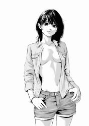 Rule 34 | 1girl, black hair, breasts, cowboy shot, greyscale, hands in pockets, hare-kon., highres, jewelry, looking at viewer, maezono koharu, medium breasts, monochrome, navel, non (mangaka), open clothes, open shirt, ring, short shorts, shorts, simple background, standing, wedding ring, white background