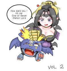 Rule 34 | angry, bat symbol, bat wings, digimon, digimon (creature), hair ornament, highres, horns, lilithmon, off shoulder, picodevimon, punching, wings