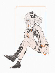 Rule 34 | 1girl, arknights, chinese commentary, choker, commentary request, crossed legs, demon horns, elbow on knee, fingernails, from side, full body, greyscale, grin, hand on own chin, head rest, horns, ifrit (arknights), kumo ryuun, leg ribbon, long sleeves, material growth, medium hair, monochrome, nail polish, orange eyes, orange nails, oripathy lesion (arknights), parted lips, profile, ribbon, shirt, shoes, sideways glance, skirt, smile, solo, spot color