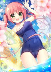 Rule 34 | 1girl, :d, arm up, bare arms, bare shoulders, blue one-piece swimsuit, blue sky, blurry, blurry foreground, blush, breasts, cherry blossoms, clothes pull, cloud, collarbone, convenient censoring, covered navel, day, depth of field, falling leaves, fang, fingernails, flower, gluteal fold, green eyes, hair between eyes, hair ribbon, hanamiya natsuka, holding, holding swim ring, innertube, large breasts, leaf, long hair, looking at viewer, old school swimsuit, one-piece swimsuit, one-piece swimsuit pull, open mouth, original, outdoors, petal censor, petals, pink flower, polka dot, red hair, red ribbon, ribbon, school swimsuit, sky, smile, solo, sparkle, standing, sunflower, swim ring, swimsuit, transparent, twintails, wading, water, wet, yellow flower