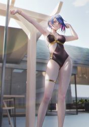 Rule 34 | 1girl, armpits, arms up, black one-piece swimsuit, blue hair, bob cut, bracelet, breasts, collarbone, covered navel, earrings, feet out of frame, halterneck, highres, hoop earrings, inverted bob, jewelry, long legs, looking at viewer, medium breasts, multicolored hair, nail polish, nanaken nana, one-piece swimsuit, original, outdoors, parted lips, pink eyes, pink hair, short hair, solo, standing, swimsuit, thigh strap, thighs, two-tone hair
