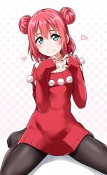Rule 34 | 1girl, alternate hairstyle, bare shoulders, black pantyhose, blush, collarbone, double bun, dress, green eyes, hair between eyes, hair bun, heart, jewelry, kurosawa ruby, looking at viewer, love live!, love live! school idol festival, love live! sunshine!!, necklace, no pants, off-shoulder, off-shoulder sweater, off shoulder, pantyhose, polka dot, polka dot background, pom pom (clothes), red hair, red sweater, short hair, sitting, smile, solo, spread legs, sweater, sweater dress, yopparai oni