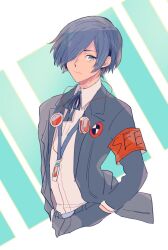 Rule 34 | 1boy, armband, blue hair, blue ribbon, closed mouth, collared shirt, commentary request, cropped legs, digital media player, dress shirt, gekkoukan high school uniform, green eyes, hair over one eye, hands in pockets, headphones, headphones around neck, jacket, kazushiban, long sleeves, looking at viewer, male focus, neck ribbon, open clothes, open jacket, persona, persona 3, red armband, ribbon, school uniform, shirt, short hair, smile, solo, white background, white shirt, yuuki makoto (persona 3)