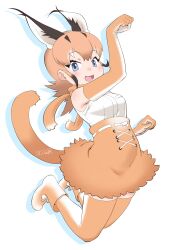 Rule 34 | 1girl, :d, absurdres, animal ear fluff, arm up, bare shoulders, black hair, blue eyes, boots, caracal (kemono friends), commentary, elbow gloves, extra ears, full body, gloves, gradient hair, highres, jumping, kemono friends, light blush, looking at viewer, masuyama ryou, multicolored hair, open mouth, orange gloves, orange hair, orange skirt, orange thighhighs, paw pose, shirt, simple background, skirt, sleeveless, sleeveless shirt, smile, solo, tail, thighhighs, white background, white shirt, zettai ryouiki