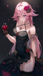 Rule 34 | 1girl, alcohol, alternate costume, armlet, bare shoulders, black background, black dress, black gloves, black thighhighs, breasts, cleavage, criss-cross halter, cup, dress, drinking glass, flower, genshin impact, gloves, gradient background, hair between eyes, hair flower, hair ornament, halterneck, highres, holding, holding cup, jewelry, large breasts, long hair, looking at viewer, necklace, pink hair, pink nails, poise, purple eyes, see-through gloves, solo, thighhighs, thighs, very long hair, wine, wine glass, yae miko