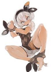 Rule 34 | 1girl, barefoot, bea (pokemon), black hairband, bodysuit, bodysuit under clothes, bound, bound ankles, bound wrists, bow hairband, closed mouth, commentary request, creatures (company), dark-skinned female, dark skin, frown, full body, game freak, grey eyes, grey hair, hair between eyes, hairband, konabetate, looking at viewer, nintendo, pokemon, pokemon swsh, short hair, short sleeves, simple background, solo, spread legs, sweatdrop, toes, white background