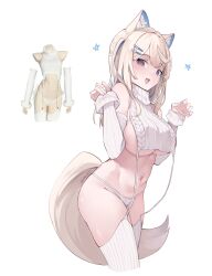 Rule 34 | 1girl, absurdres, animal ear fluff, animal ears, bare shoulders, blonde hair, blue hair, breasts, colored inner animal ears, commentary, cowboy shot, cropped legs, detached sleeves, dog ears, dog girl, dog tail, drawstring, fang, fuwawa abyssgard, hair ornament, hairclip, highres, hololive, hololive english, large breasts, long hair, looking at viewer, meme attire, midriff, multicolored hair, naked sweater, namiorii, navel, open mouth, panties, paw pose, pink eyes, ribbed sweater, sideboob, signature, simple background, sleeveless, sleeveless turtleneck, sleeves past wrists, solo, standing, streaked hair, sweater, tail, thighhighs, thighs, turtleneck, turtleneck sweater, underwear, virgin destroyer sweater, virtual youtuber, white background, white panties, white sleeves, white sweater, white thighhighs