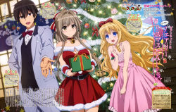 Rule 34 | 10s, 1boy, 2girls, :d, absurdres, akitake seiichi, amagi brilliant park, animedia, bare shoulders, bell, belt, black hair, blonde hair, blue eyes, blush, box, breasts, brown eyes, brown hair, capelet, christmas, christmas tree, cleavage, collar, dress, drill hair, gift, gift box, hair ribbon, highres, holding, kanie seiya, large breasts, latifa fleuranza, long hair, looking at viewer, magazine scan, moffle, multiple girls, neck bell, official art, open mouth, outstretched hand, pink dress, ribbon, santa costume, scan, sento isuzu, short hair, small breasts, smile, standing, tiramii