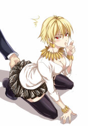 Rule 34 | 1girl, ^^^, adapted costume, ass, ass grab, bad id, bad pixiv id, blonde hair, bracelet, breasts, cleavage, earrings, fate/zero, fate (series), frilled skirt, frills, genderswap, genderswap (mtf), gilgamesh-ko, gilgamesh (fate), grabbing another&#039;s ass, groping, jewelry, medium breasts, miniskirt, necklace, official alternate costume, red eyes, short hair, skirt, snakeskin print, thighhighs, thumb sucking, yy (yytomb), yytomb