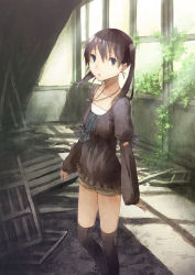 Rule 34 | 1girl, black hair, black thighhighs, blue eyes, building, cargo pallet, highres, houru, indoors, jewelry, necklace, original, ruins, shorts, solo, thighhighs, twintails, window shadow