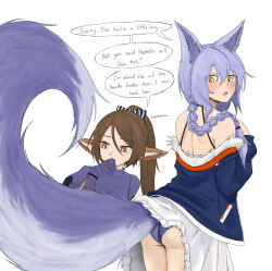 Rule 34 | 2girls, animal ears, arknights, blue hair, blue panties, brown eyes, brown hair, cosplay, costume switch, dokonjou (odossan), english text, multiple girls, panties, pantyshot, perfumer (arknights), ponytail, provence (arknights), speech bubble, tail, underwear, wolf tail