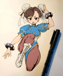Rule 34 | 1girl, absurdres, arm up, art tools in frame, bracelet, breasts, brown eyes, brown hair, brown pantyhose, bun cover, capcom, china dress, chinese clothes, chun-li, commentary, cross-laced footwear, double bun, dress, earrings, english commentary, fighting stance, full body, hair bun, highres, jewelry, joanna went bananas, looking at viewer, open mouth, pantyhose, photo (medium), puffy short sleeves, puffy sleeves, sash, short sleeves, side slit, simple background, solo, spiked bracelet, spikes, street fighter, teeth, upper teeth only, v-shaped eyebrows, white footwear, white sash