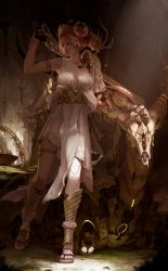 Rule 34 | 1girl, absurdres, ancient greek clothes, antlers, armor, artemis, bare arms, blonde hair, braid, cave, chiton, crown, dishwasher1910, doll joints, dress, feet, full body, gloves, grass, greek mythology, gun, handgun, highres, holding, holding gun, holding weapon, horns, joints, looking to the side, mechanical arms, mechanical parts, no socks, non-humanoid robot, original, pauldrons, photo-referenced, revolver, robot, robot animal, sandals, shoulder armor, single mechanical arm, single pauldron, solo, toga, weapon, weapon on back, white dress, yellow eyes