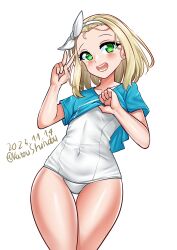 Rule 34 | 1girl, absurdres, blonde hair, blue shirt, clothes lift, covered navel, cowboy shot, dated, green eyes, hairband, highres, i-504 (kancolle), kantai collection, katou shinobu, lifting own clothes, luigi torelli (kancolle), one-hour drawing challenge, one-piece swimsuit, school swimsuit, shirt, shirt lift, short hair, solo, swimsuit, t-shirt, teeth, thigh gap, twitter username, white background, white hairband, white one-piece swimsuit