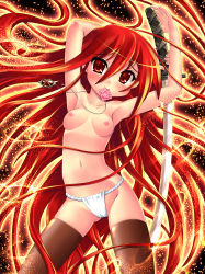 Rule 34 | 00s, 1girl, alastor (shakugan no shana), breasts, condom, condom in mouth, condom wrapper, fundoshi, hase yu, japanese clothes, jewelry, long hair, mouth hold, nipples, pendant, red eyes, red hair, shakugan no shana, shana, small breasts, solo, sword, thighhighs, topless, weapon
