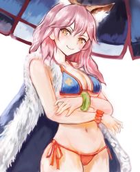Rule 34 | 10s, 1girl, animal ears, bad id, bad pixiv id, bikini, blue bikini, blush, breasts, cleavage, fate/extra, fate/grand order, fate (series), fox ears, fox tail, groin, highres, large breasts, looking at viewer, navel, pink hair, solo, suterisu japan, swimsuit, tail, tamamo (fate), tamamo no mae (fate/extra), tamamo no mae (swimsuit lancer) (fate), type-moon, yellow eyes