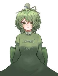 Rule 34 | 1girl, absurdres, closed mouth, commentary, cross-laced clothes, dress, green dress, green hair, highres, juliet sleeves, long sleeves, looking at viewer, puffy sleeves, short hair, simple background, smile, soga no tojiko, solo, takana (forsterite), touhou, variant set, white background
