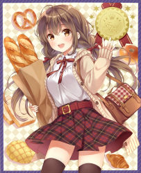 Rule 34 | 1girl, :d, ahoge, anpan, argyle, argyle background, argyle clothes, bag, baguette, belt, black thighhighs, blouse, blush, border, bread, breasts, brown eyes, brown hair, brown ribbon, cardigan, collar, commentary request, cowboy shot, croissant, crown, floating hair, food, frilled collar, frills, hair ribbon, hand up, higeneko, highres, holding, holding bag, holding food, long hair, looking at viewer, low twintails, medium breasts, melon bread, open cardigan, open clothes, open mouth, original, plaid, plaid skirt, pleated skirt, pretzel, purple border, red skirt, revision, ribbon, satchel, shirt, skirt, sleeves past wrists, smile, solo, teeth, thighhighs, thighs, twintails, waving, white shirt, zettai ryouiki