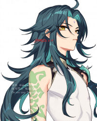 Rule 34 | 1boy, alternate hair length, alternate hairstyle, arm tattoo, blue hair, dated, facial mark, forehead mark, genshin impact, highres, long hair, looking at viewer, male focus, multicolored hair, ojo aa, parted lips, signature, simple background, sleeveless, solo, tattoo, upper body, watermark, white background, xiao (genshin impact), yellow eyes