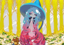 Rule 34 | 3 (qqo0g), artist name, black sclera, blue hair, bright pupils, buneary, rabbit, colored sclera, creatures (company), dress, field, flower, flower field, flower on head, forest, game freak, gen 4 pokemon, gen 8 pokemon, hat, hatterene, highres, long hair, nature, nintendo, no humans, pink hair, pokemon, pokemon (creature), see-through, see-through silhouette, tree, white pupils, witch hat