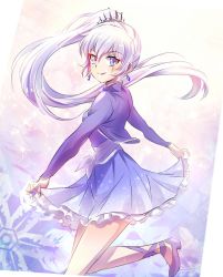 Rule 34 | 1girl, blue eyes, commentary, earrings, holding clothes, holding skirt, iesupa, jewelry, rwby, scar, skirt, weiss schnee, white hair