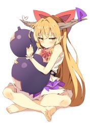 Rule 34 | 1girl, absurdres, barefoot, blush, bow, commentary request, feet, full body, gourd, hair between eyes, hair bow, heart, highres, horn bow, horn ornament, horns, ibuki suika, indian style, jitome, long hair, looking at viewer, o3o, oni, oni horns, orange eyes, orange hair, pointy ears, purple bow, purple skirt, red bow, red ribbon, ribbon, ribbon-trimmed skirt, ribbon trim, seika okawari, shirt, sidelocks, simple background, sitting, skirt, sleeveless, sleeveless shirt, soles, solo, toes, touhou, two-tone skirt, very long hair, white background, white shirt, white skirt, white wrist cuffs, wrist cuffs
