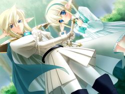 Rule 34 | 1boy, 1girl, annette vaslois, blonde hair, blue eyes, cape, carnelian, cowboy shot, dutch angle, earrings, elf, game cg, hairband, jewelry, juliet sleeves, long sleeves, looking at viewer, moldavite, official art, outdoors, pointy ears, protecting, puffy sleeves, serious, short hair, skirt, sword, weapon, white skirt