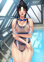 Rule 34 | 1girl, black hair, blush, breasts, competition swimsuit, female pubic hair, highres, large breasts, long hair, looking at viewer, mature female, nervous smile, nipples, nush (xter), one-piece swimsuit, original, pool, pubic hair, rei no pool, school swimsuit, see-through, smile, solo, swim goggles, swimsuit, x-ray, xter