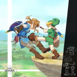 Rule 34 | 2boys, arrow (projectile), belt, blonde hair, blood, blood on face, boots, bow (weapon), brown belt, brown footwear, child, cliff, commentary, deku shield, earrings, elf, fighting, fingerless gloves, full body, gloves, green headwear, green tunic, highres, holding, holding weapon, hylian shield, jewelry, kicking, link, male focus, master sword, multiple boys, nintendo, olxexlo, pointy ears, quiver, sheath, shield, short hair, super smash bros., sword, teeth, the legend of zelda, the legend of zelda: breath of the wild, the legend of zelda: ocarina of time, upper teeth only, weapon, wooden shield, young link