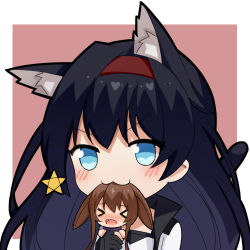 Rule 34 | &gt; &lt;, 2girls, :3, amiya (arknights), animal ear fluff, animal ears, arknights, black gloves, black hair, blaze (arknights), blue eyes, blush, border, cat ears, cat tail, chibi, gloves, hairband, hand up, holding person, long hair, looking at viewer, lowres, moon ash, multiple girls, nose blush, open mouth, outside border, rabbit ears, red hair, sidelocks, smile, tail, upper body