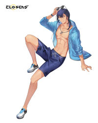 Rule 34 | 1boy, abs, alternate hair color, arm support, blue hair, blue jacket, blue shorts, closers, copyright name, dog tags, full body, hand up, highres, holding, holding removed eyewear, hood, hood down, hooded jacket, invisible chair, jacket, knee up, logo, looking at viewer, low ponytail, male focus, male swimwear, medium hair, navel, open clothes, open jacket, parted lips, pectorals, red eyes, shorts, sitting, sleeves past elbows, solo, sunglasses, swim trunks, tachi-e, tan, toned, toned male, unworn eyewear, variant set, watch, white background, white footwear, wolfgang schneider, wristwatch, zipper