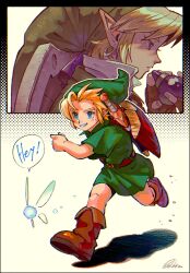 Rule 34 | 2boys, belt, blonde hair, blue eyes, blush, border, brown footwear, child, collar, commentary, creature, earrings, green headwear, green tunic, grin, highres, holding, holding instrument, hoop earrings, instrument, jewelry, kwsby 124, link, multiple boys, multiple views, navi, nintendo, ocarina, patterned background, pointy ears, running, shield, shoes, short sleeves, signature, simple background, smile, speech bubble, sword, the legend of zelda, the legend of zelda: ocarina of time, weapon, white background, white collar
