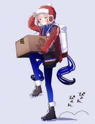 Rule 34 | 1boy, arm up, backpack, bag, balancing, black footwear, blue hair, blue pantyhose, blue shirt, blush, boots, box, brown hair, captain nemo (fate), cardboard box, commentary request, dress shirt, expressionless, fate/grand order, fate (series), full body, fur-trimmed boots, fur hat, fur trim, gloves, gradient legwear, green eyes, grey background, grey gloves, hat, highres, holding, holding box, hopping, jacket, lanyard, long hair, looking ahead, low twintails, male focus, multicolored hair, nemo (fate), open clothes, open jacket, pantyhose, parted lips, pom pom (clothes), red hat, red jacket, saitoh michiru, shirt, simple background, solo, standing, standing on one leg, sweat, twintails, ushanka, very long hair, wiping sweat