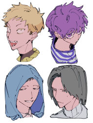 Rule 34 | 4boys, bandana, bandana around neck, black eyes, black hair, blonde hair, blue eyes, collared shirt, commentary request, constricted pupils, cropped head, cropped shoulders, curtained hair, grin, hacchi (napoli no otokotachi), half-closed eyes, highres, hood, hood up, jack-o&#039; ran-tan, light frown, looking at viewer, male focus, multiple boys, naotin3333, napoli no otokotachi, purple eyes, purple hair, purple shirt, shirt, short hair, shu3 (napoli no otokotachi), simple background, smile, striped clothes, striped shirt, sugiru (napoli no otokotachi), sweat, sweater, tareme, turtleneck, turtleneck sweater, v-shaped eyebrows, white background, white sweater, yellow bandana, yellow eyes