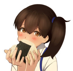 Rule 34 | 1girl, blush, brown eyes, brown hair, commentary request, eating, fingernails, food, food bite, hair between eyes, hair tie, hands up, head tilt, holding, holding food, japanese clothes, kaga (kancolle), kantai collection, looking at viewer, side ponytail, simple background, smile, solo, taka (takahirokun), upper body, white background