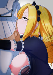 Rule 34 | 1boy, 1girl, blonde hair, breasts, drill hair, large breasts, maid, maid headdress, mare bello fiore, nipples, oral, overlord (maruyama), penis, simple background, solution epsilon, tongue, tongue out, uncensored, white background, zei-minarai