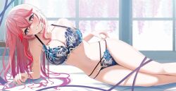 Rule 34 | 1girl, absurdres, arm support, blue bra, blue panties, blush, bra, breasts, cleavage, collarbone, grin, heart, heart-shaped pupils, highres, indie virtual youtuber, large breasts, looking at viewer, lying, megami apuro, mole, mole under eye, navel, on side, panties, pink eyes, pink hair, pink nails, sikimosh, skindentation, smile, solo, stomach, strap gap, symbol-shaped pupils, thighs, underwear, underwear only, virtual youtuber, window